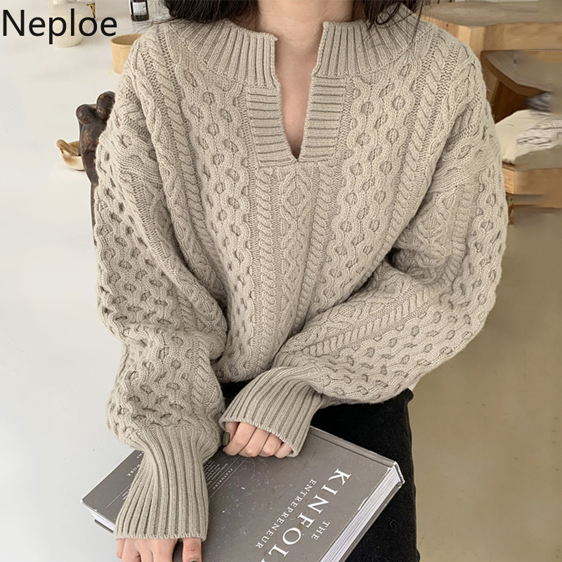 Neploe Korean Chic Woman Sweaters Fall Women Clothes V-neck Heavy Ribbed Knit Pullovers Loose Sweet Puff Slleve Jumper Coat 210422