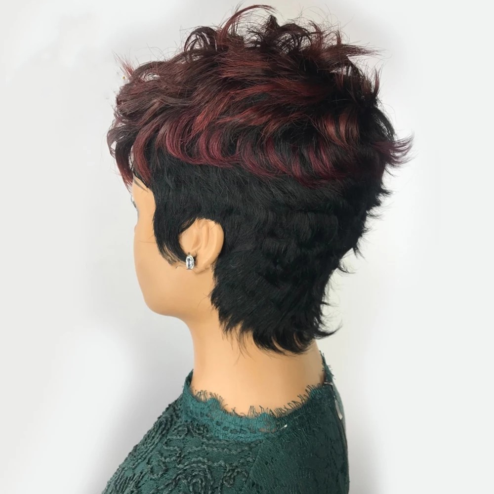 Peruvian Human Hair Wig With Bangs For Black Women Burgundy 99J Ombre Color Short Wavy Bob Pixie Cut Full Machine None Lace Wigs
