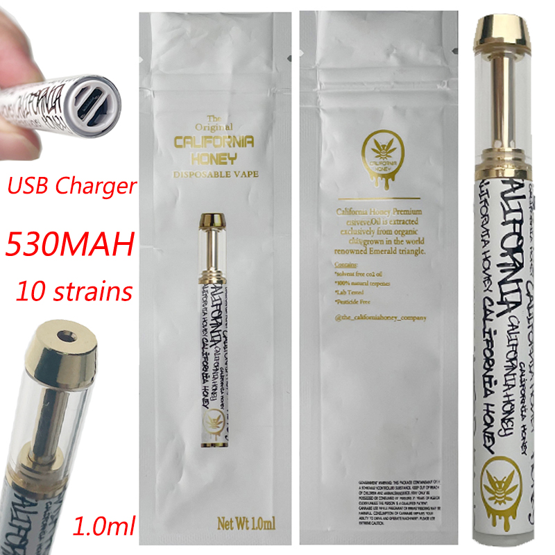 California Honey Rechargerable Disposable E cigarettes Vape Pens with Packaging Bags Copper Tips Thick Oil Glass Tank 1.0ml Capacity Empty P
California Honey Rechargerable Disposable E cigarettes Vape Pens with Packaging Bags Copper Tips Thick Oil Glass Tank 1.0ml Capacity Empty P