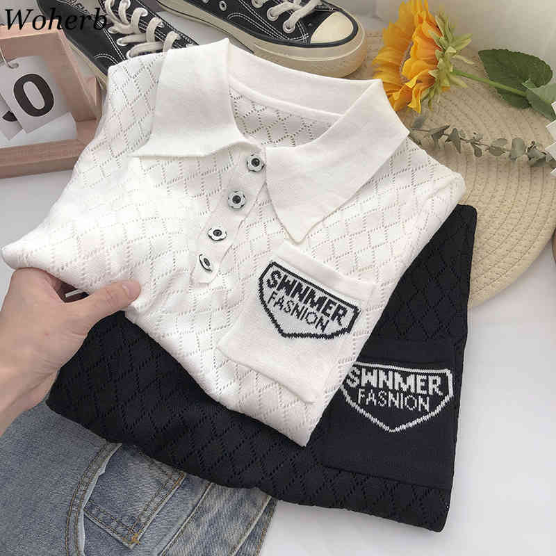 Summer Solid Women Pullover Sweater Short Sleeve Letter Print Hollow Basic Knitwear Casual Fashion Vintage Ladies Jumper 210519