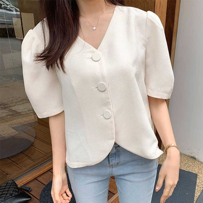 Korejpaa Women Shirt Summer Korean Chic Minimalist Temperament V-Neck Three Buttons Loose Solid Color Puff Sleeve Blouses 210526