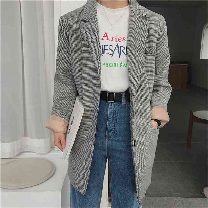 Vintage Single Breasted Office Ladies Plaid Blazer Long Sleeve Loose Suit Coat Jacket Women blazers Female 210514