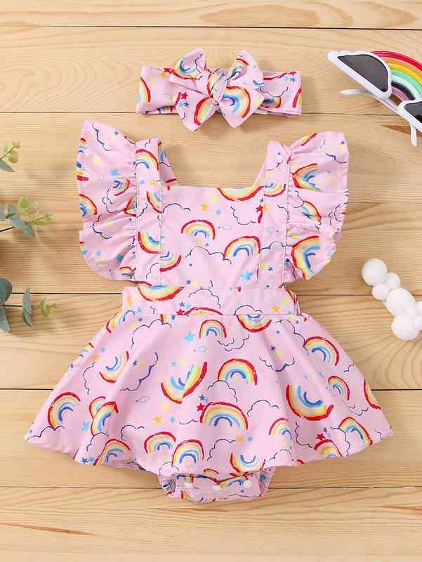 Baby Girl Rainbow Print Combo Bodysuit Dress With Headband SHE