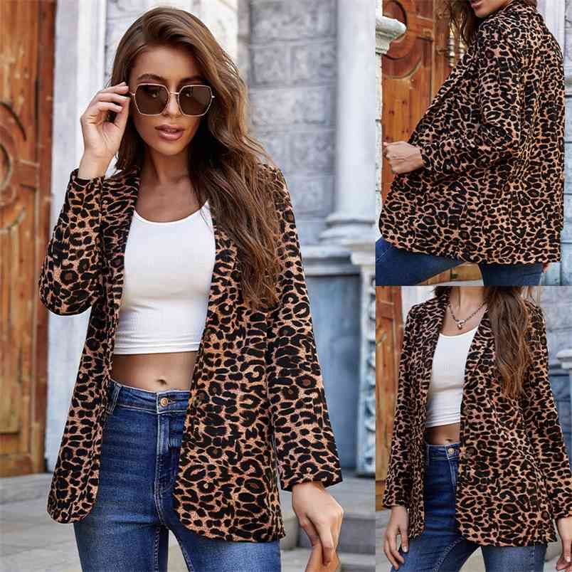 Elegant Leopard Print Blazers Jacket Women Autumn Winter Turn-down Collar Casual Slim Long Sleeve Button Cardigan Suit Coats 210522