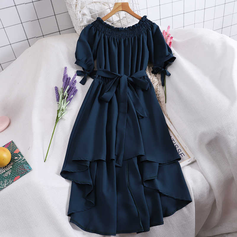 Woherb Summer Casual Chiffon Off Shoulder Bandage Dress Women Sexy Asymmetrical Ruffle Dresses Vestidos De Festa 22291 210630