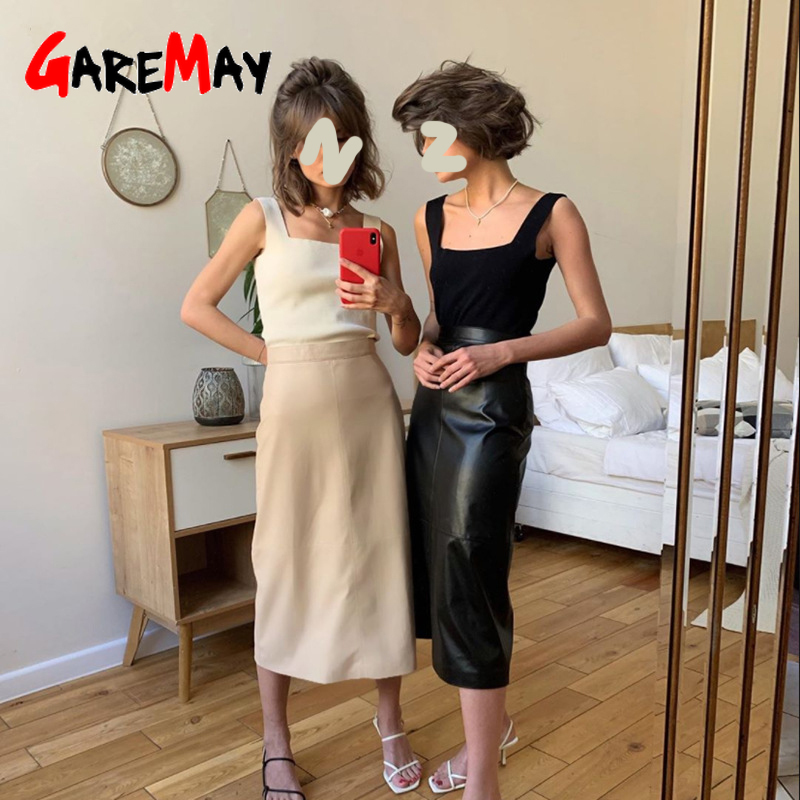 Winter Warm faux women's leather skirt Long Vintage female knee-length beige Black Pencil with high waist 210428