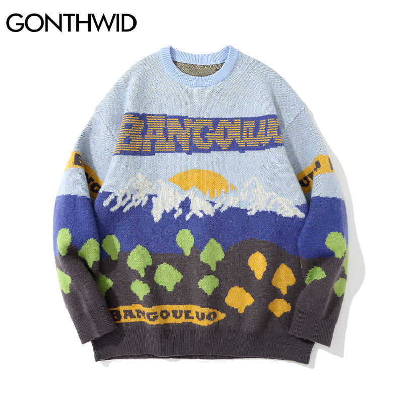 GONTHWID Sweaters Hip Hop Knitted Mountain Landscape Pullover Sweater Harajuku Hip Hop Fashion Casual Streetwear Knitwear Tops 210929