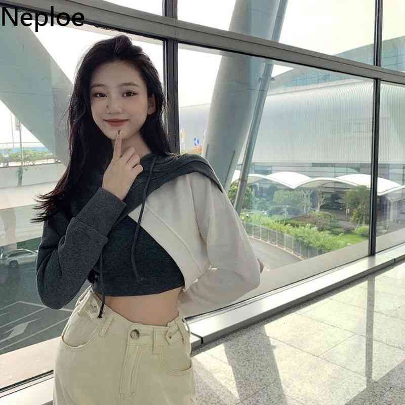 Neploe Harajuku Sweatshirt Women Korean Streetwear Hoodies Ladies Cross Crop Tops Contrast Color Patchwork Hooded Hoodie 210422