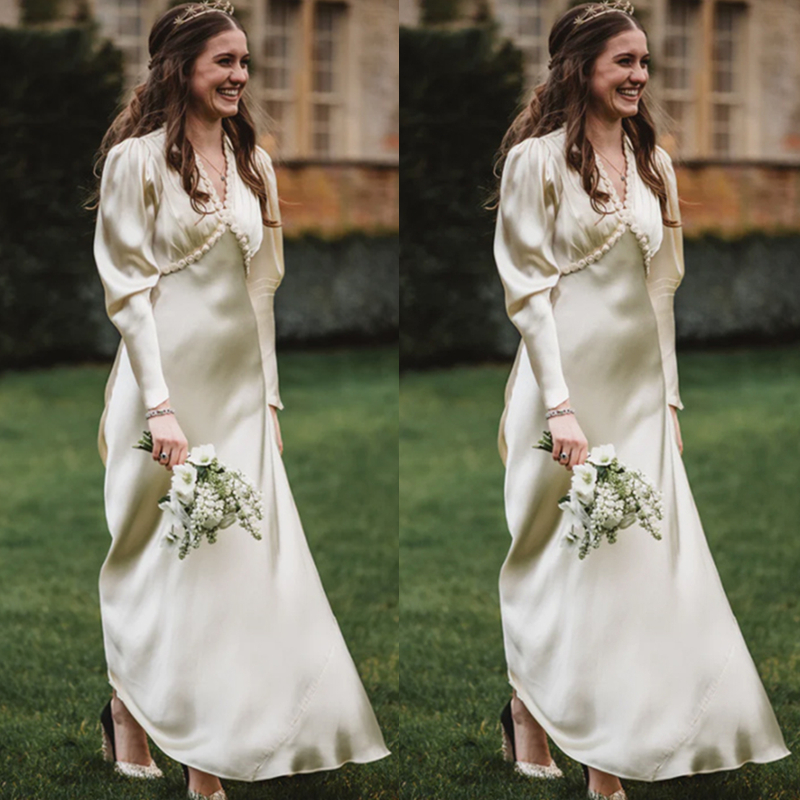 Vintage V-Neck A Line Wedding Dress For Bride Long Puff Sleeve Silk Satin Simple Bridal Dresses Floor Length Classic Wedding Gowns 2022