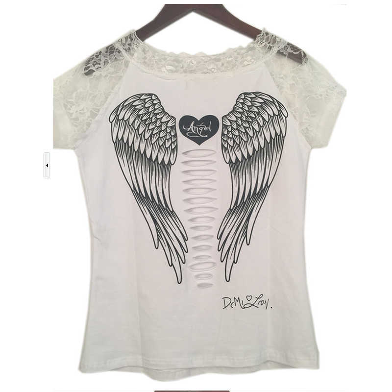 T Shirt White Woman Cotton Women Summer Fashion Print T-shirt Vest Angel Wings Top Casual Women's Lace Short Sleeved T-shirt X0628