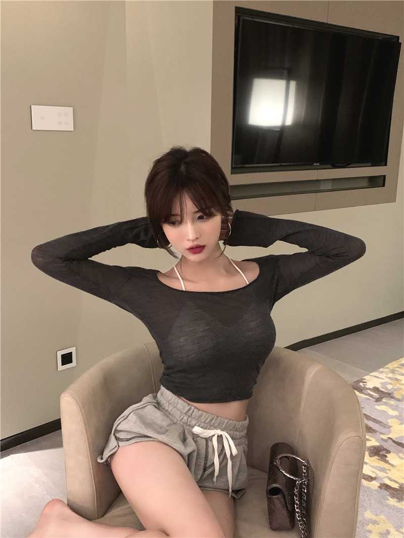 Yedinas Summer Long Sleeve Cropped Tops Thin Sun Protection Shirt Wide Collar See Through Mesh T-shirts Women Slim Sexy T 210527