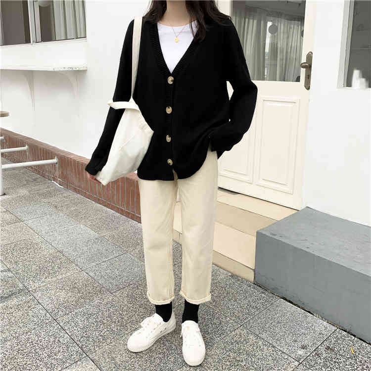 V-neck Single-breasted Women Cardigan Tops Spring Autumn Full Sleeve Solid Loose Fashion Korean Female Sweater Jumpers Femme 210514