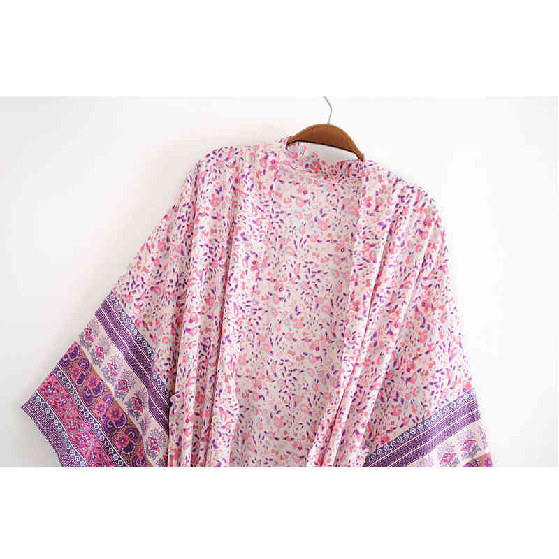 beauty Boho Vintage Print Cotton Long Kimono Women Holiday V-neck Ladies Dresses Female Loose Beach Wear 210514