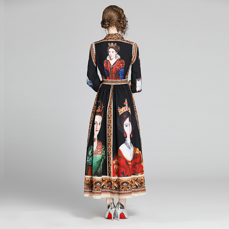 Summer Printing Temperament Long Sleeve Lapel Shirt Dress Slim High Waist Vintage Women Dresses 2H177 210526