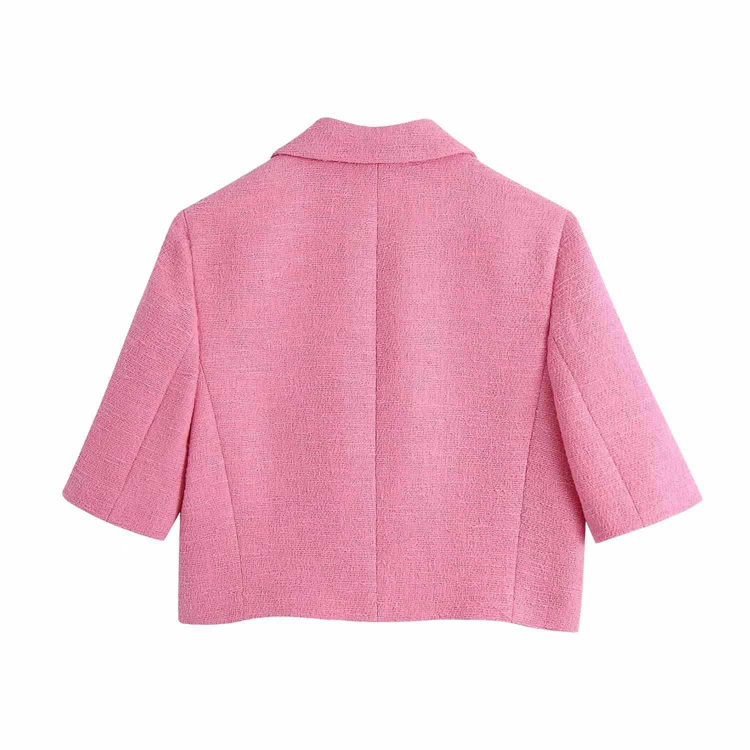 Women Fashion Tweed Casual Cropped Texture Pink Blazer Summer Pockets Single Breasted Short Blazer Jacket Coat Tops 210521