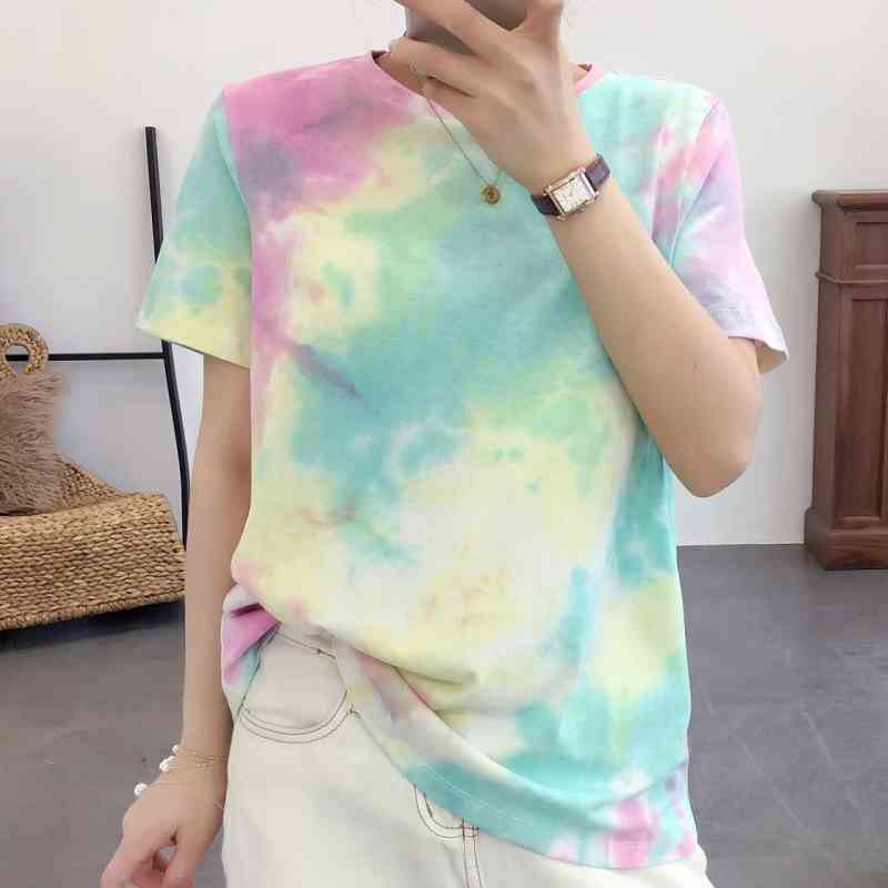 Tie Dye Printing Women Short Sleeve Knitting T shirt Casual Female Loose Tops Summer O Neck Tee Shirt Femme T1166 210430Z