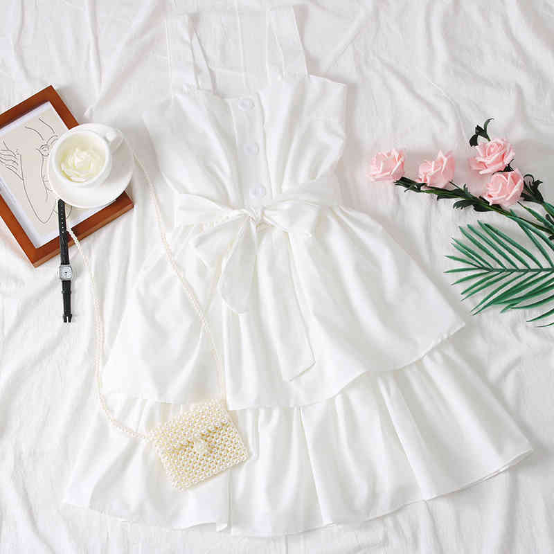 Solid Bow Bandage Sweet Student Women Dress Casual Spring Summer Dresses A-line High Waist Vestidos 210521
