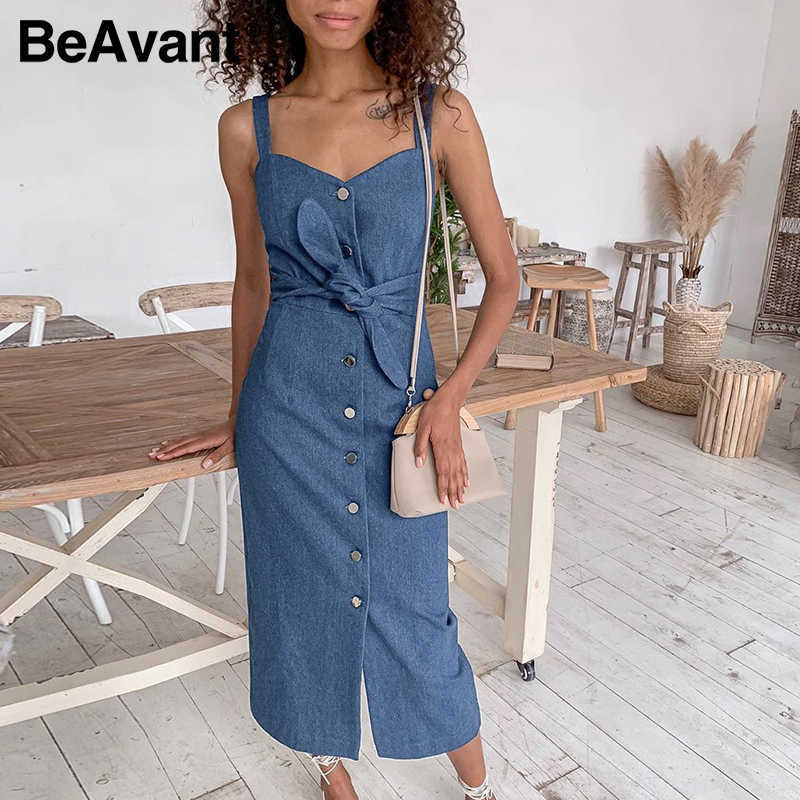 BeAvant Sexy strap long denim dress women Vintage button front bow belt summer dresses Spring ladies office dress female 210709