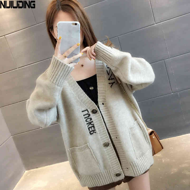 Knitted Cardigan Letter Jacquard Female Sweet Small Fresh Top V-neck Autumn Loose Korean Student Sweater Coat 210514