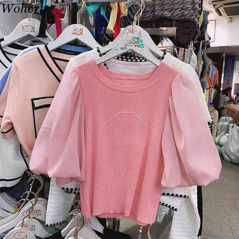Korean Thin Knitted T-shirt Tops Women Summer Vintage Puff Sleeve Knitwear Fashion Ladies Tshirts Chic 210519