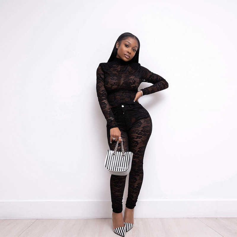 ANJAMANOR See Through Lace Sexy Club Two Piece Set Top and Pants New Products 2020 Party Bodycon 2pcs Sets Womens Outfits D37AF5 Y0625