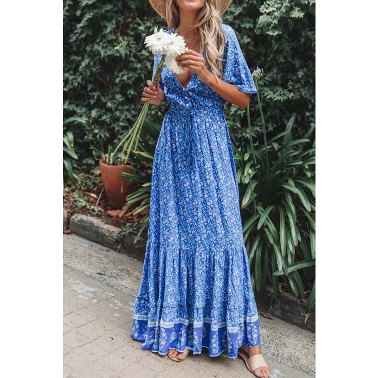 Women Dress Printed Bohemia es Sexy Long Print Floral Maxi V Neck Lace Up Ruffle Plus Size Summer es 210513