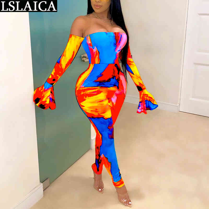 Outfit Women Club Outfits Plus Size Jumpsuits Tie Dye Print Flare Sleeve Strapless Womens Fashion Body Suit Autumn 210520