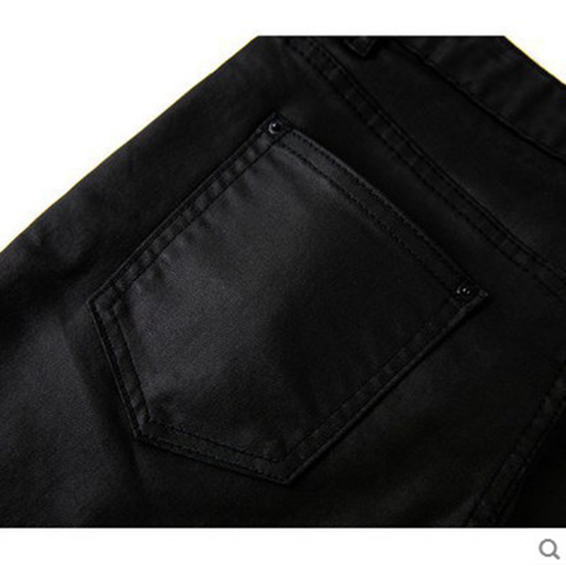 Idopy Men`s Coated Jeans Korean Fashion Cool Waxed Slim Fit Biker Denim Pants 210318