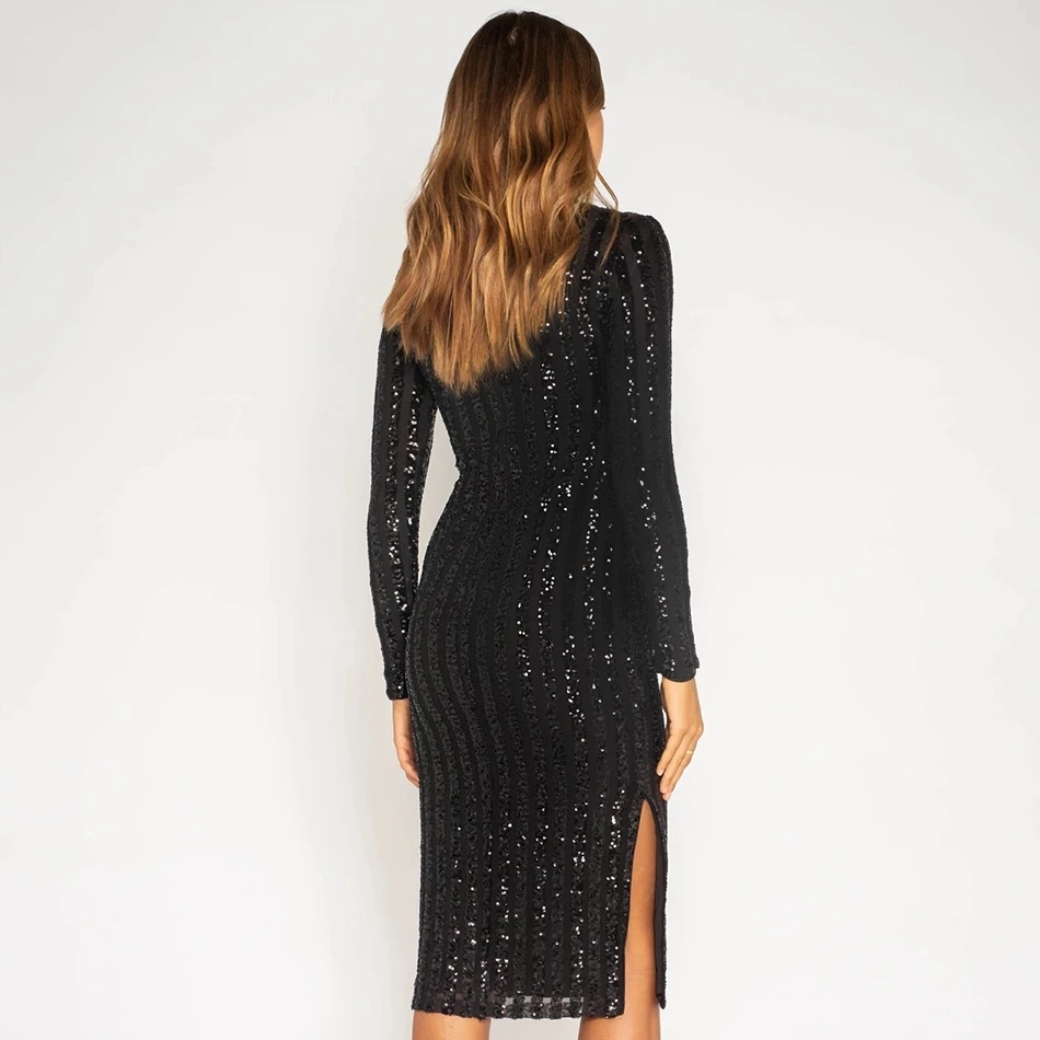 Free Autumn Women's Sequined Dress Elegant Stand Collar Long Sleeve Bodycon Split Club Runway Party Dres 210524
