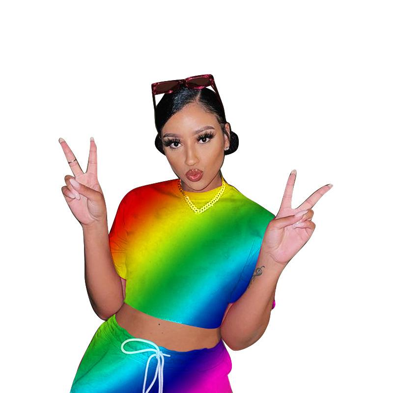 Women's Tracksuits Fashion Rainbow Print Shorts Sets 2021 Est Summer Turtleneck Short Sleeves Vest Tops Casual 2PCS Nightclub Party