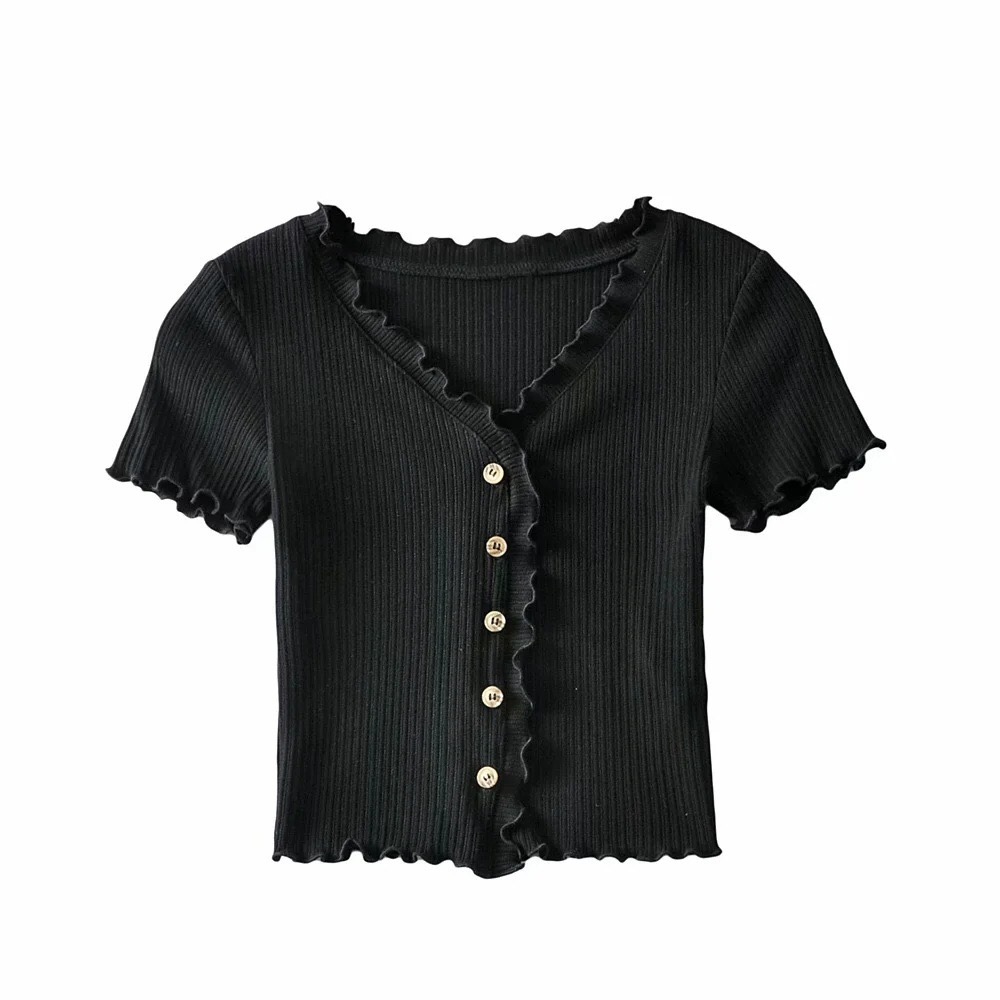 70's Vintage Rib Knit Wood ears V neck Short Sleeve Tee Base T-shirts Summer Single-breasted Button T-shirt crop top 210429