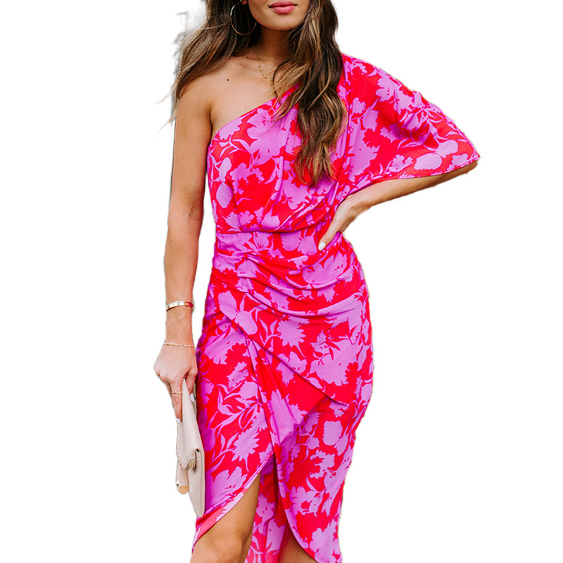 Women Dress Oblique Collar One Shoulder Printed Bohemia Dresses Sexy Long Floral Irregular Loose Summer 210513