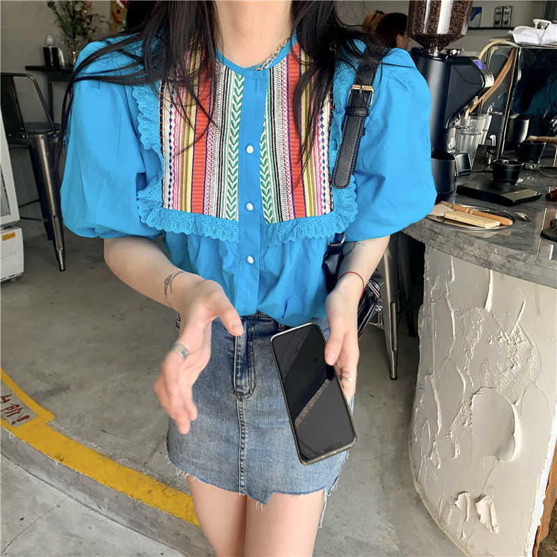 Korean Chic Embroideried Blouse Tops Causal Ruffle O-neck Puff Sleeve Shirt Spring Summer Blusas Mujer 6G785 210603