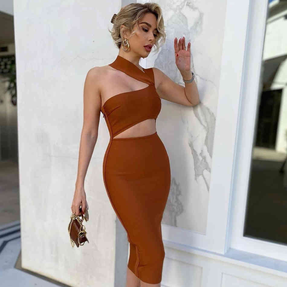 Summer Women Hollow Out Sleeveless Bodycon Bandage Dress Sexy Knee Length Green Club Celebrity Runway Party 210423