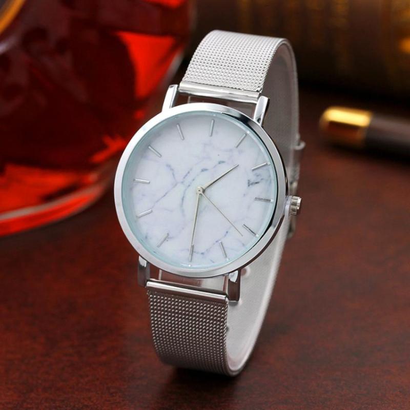 Wristwatches Fashion Women Marble Surface Stainless Steel Band Quartz Movement Wrist Watch, Silver