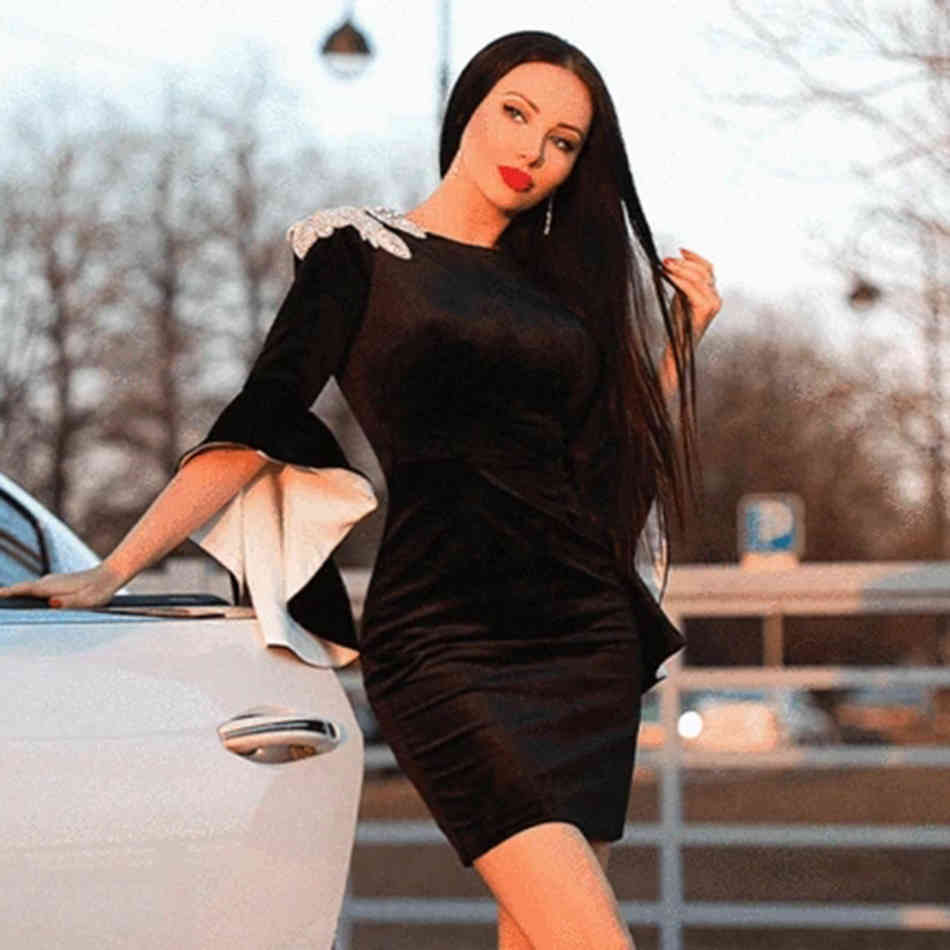 Free Autumn Women's Velvet Dress Black Sexy O-Neck Flare Sleeve Beaded Bodycon Mini Club Party es 210524