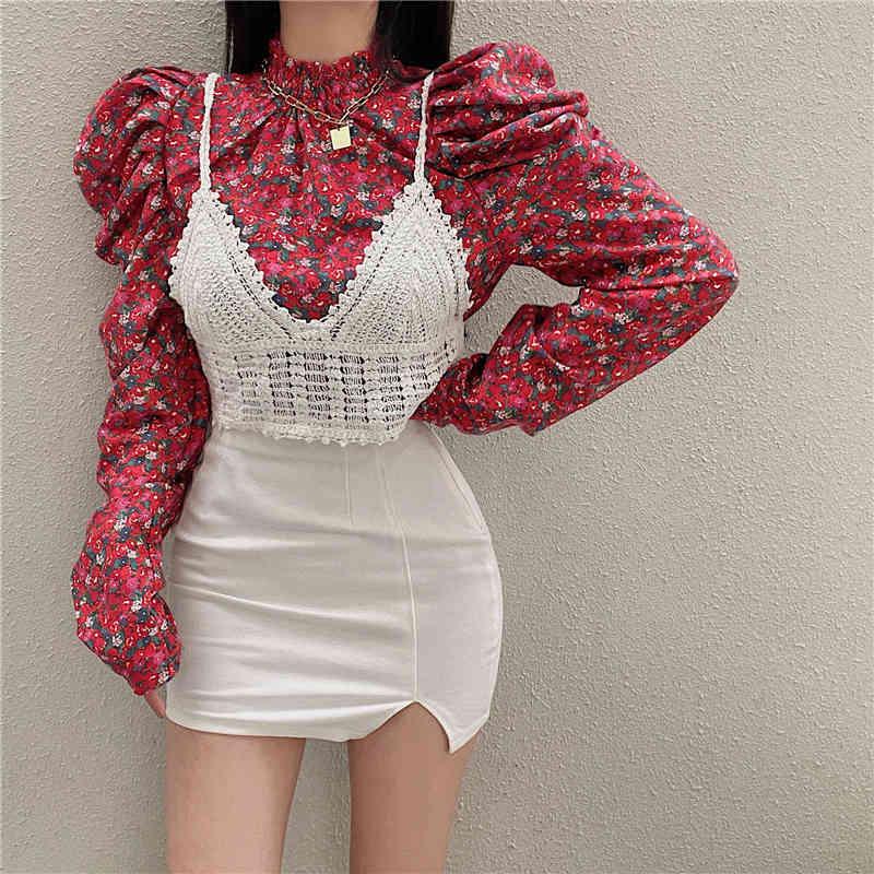 Nomikuma Spring New Women Two Piece Sets Vintage Stand Neck Puff Sleeve Pullover Blusas + Hook Hollow-out Sling Vest 6D915 210427