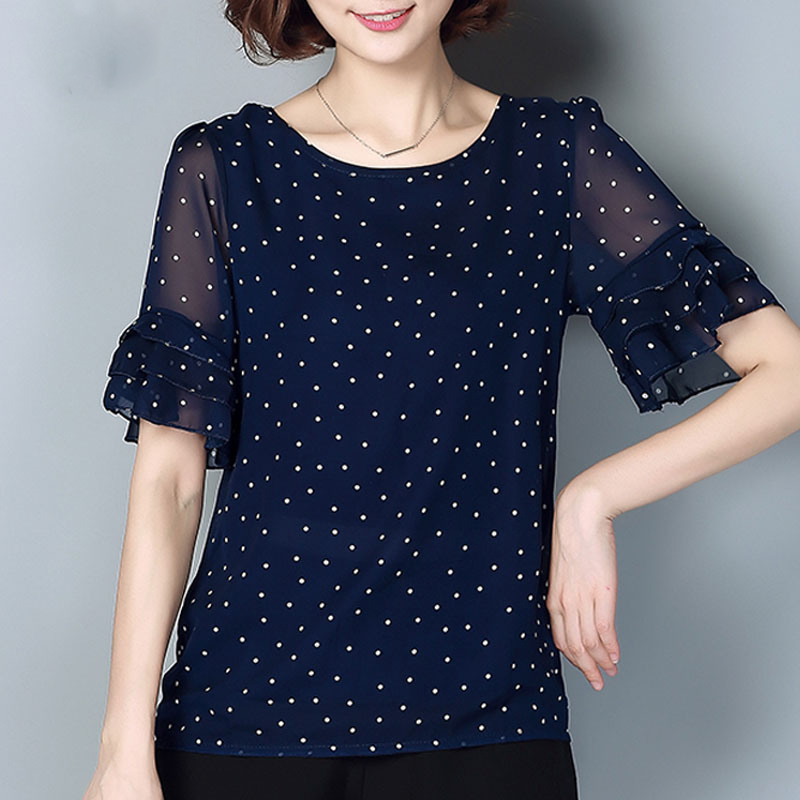 women's chiffon blouse short sleeve Plus Size 4xl 5xl polka dot thin Top Casual Shirt Femme Clothing Pink White 4010 50 210427