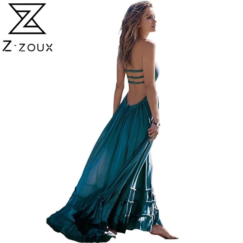Women Dress Cotton Backless Hollow Out Spaghetti Strap es Ruffles Loose Bohemia Sexy Long Beach Maxi es 210513