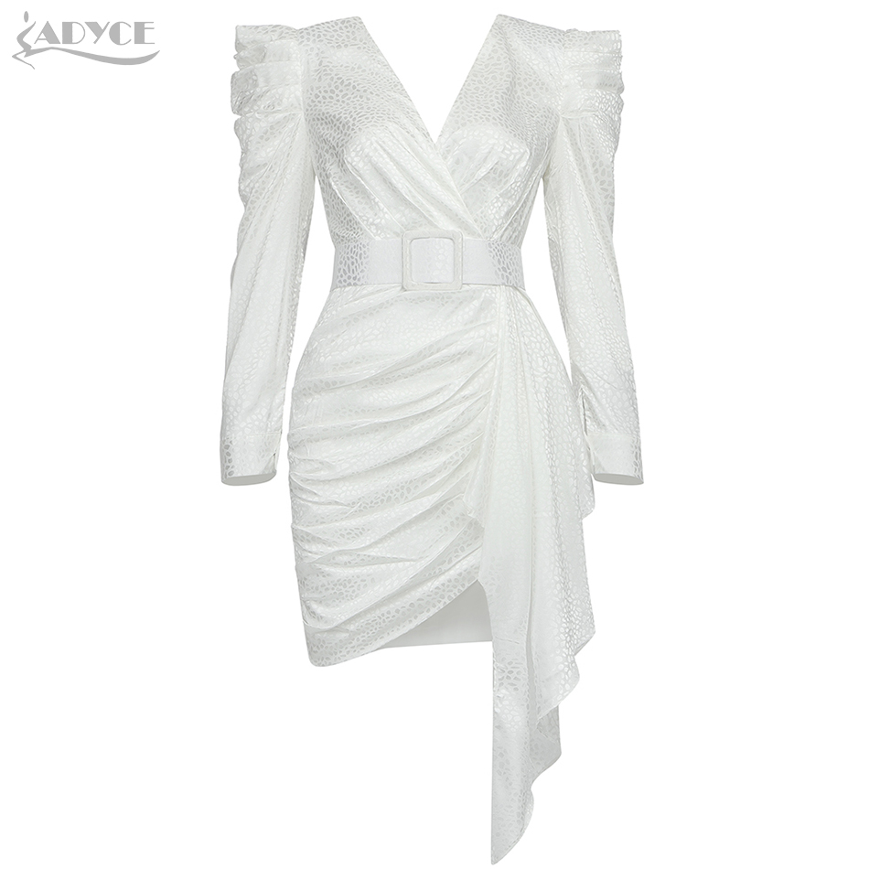 Summer Women White Fashion Long Sleeve Club Mini Dress Sexy V Neck Sashes Draped Celebrity Evening Party Dresses 210423