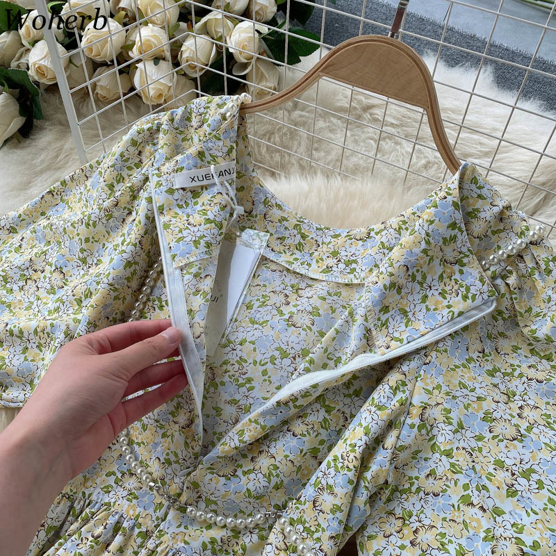 Korean Chic Floral Puff Sleeve Dress High Waist Vintage Ladies Crew Neck Pearl Beading Party Vestidos Ropa Mujer Elegant 210519