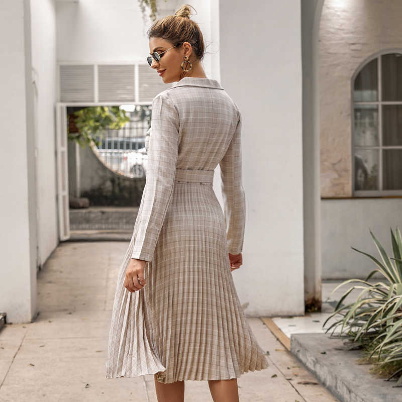 Ly Varey Lin V-neck Plaid Blazer Dress Women Elegant Long Sleeve Button Pleated Office Ladies Belt Autumn Winter Vestidos 210526