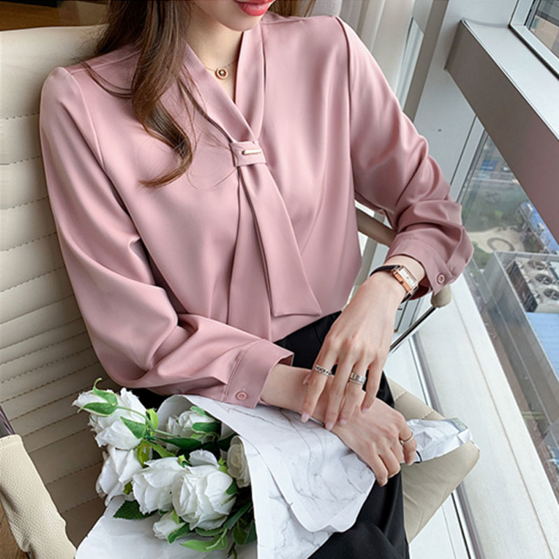 Spring Chiffon Women Blouse Fashion Office Lady Long Sleeve Solid Shirt with Tie V Neck Loose Top Female 13022 210427