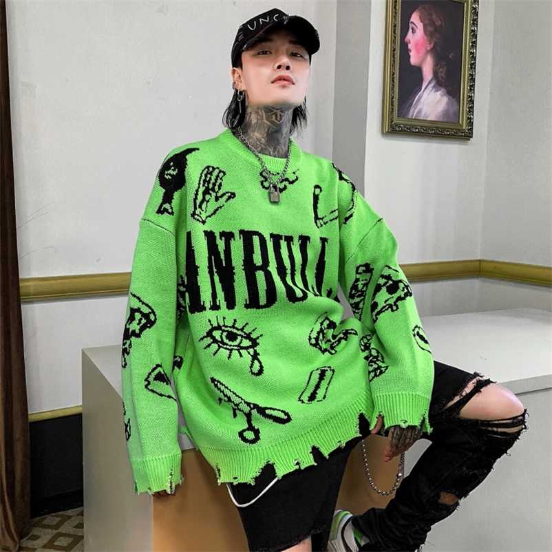 Autumn Winter Ripped Hole Punk Hip Hop Sweater Men's Red Green Color Pullover Korean Style Graffiti Jersey Hombre 211018