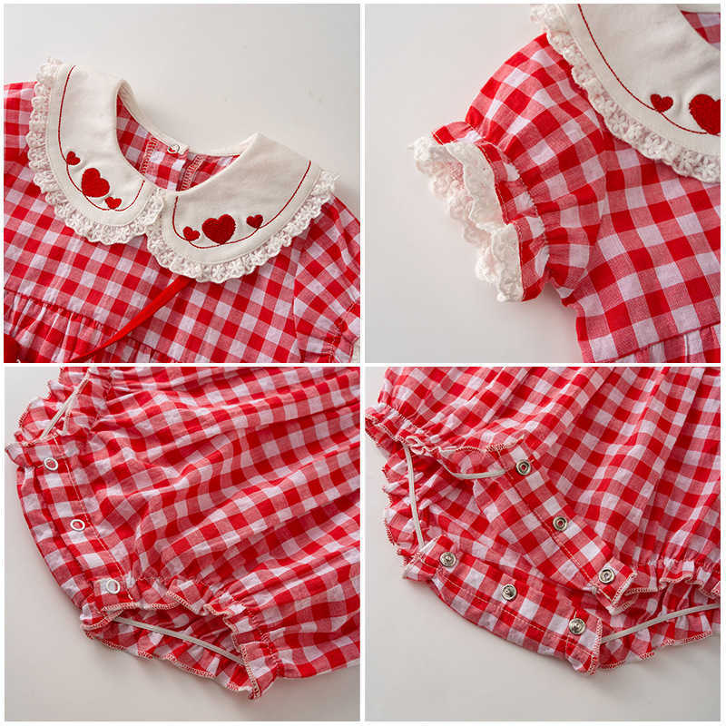 2Pcs Baby Girl Plaid Romper Infant Korean Rompers with Bow Bag born Love Embroidery Bodysuit Summer Children Cotton Clothes 210615