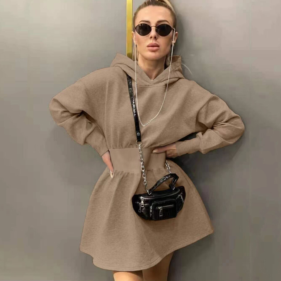 Free Sports Hooded Sweater Dress Women's Long Sleeve A-line Mini Casual Pleated Gray Vestidos 210524