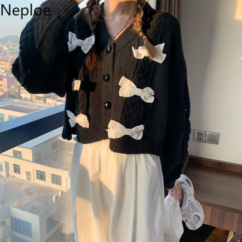 Neploe Woman Sweaters Chic Sweet Bow Knitted Cropped Cardigan Spring Colthes Loose V-neck Long Sleeve Sueter Coat Femme 210422