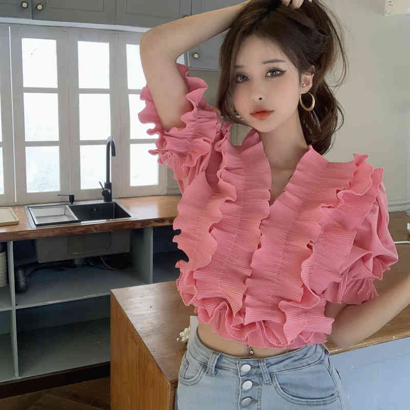 Summer Cascading Ruffles Sexy V-Neck Puff Sleeve Women Sweet Solid Color Chic Pullover Blouse Top 210519