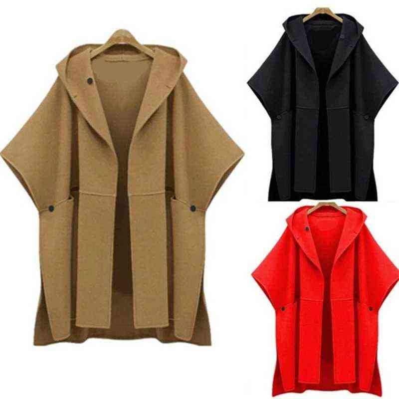 Women Cloak Coat Hooded Woolen Cloth Jacket Casual 2021 Spring Oversize Cape Loose Plus Size Female Cardigan Poncho Outwear 5XL H1123