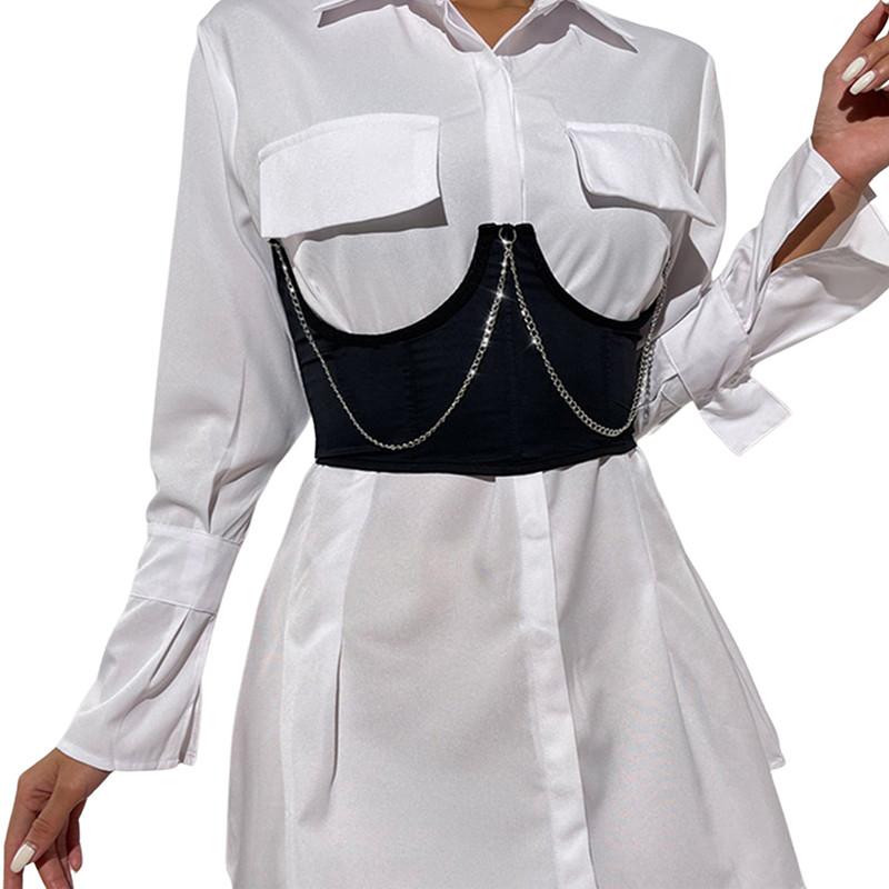 Belts Xingqing Fashion Black Corset Cummerbunds Back Lace Up Elastic Waist Spliced Cincher Belt With Chain
Belts Xingqing Fashion Black Corset Cummerbunds Back Lace Up Elastic Waist Spliced Cincher Belt With Chain